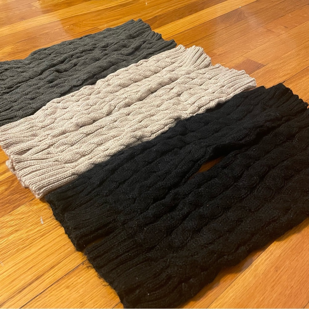 Cozy Cable Knit Leg Warmers Set of 3 in tan, gray, and black